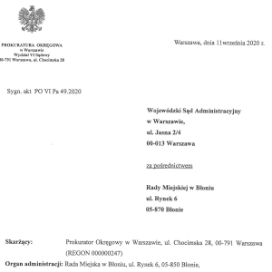 Prokuratura składa skargę do WSA na uchwałę Rady Miejskiej w Błoniu.