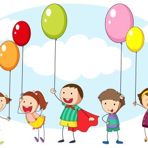 Children and many colorful balloons illustration