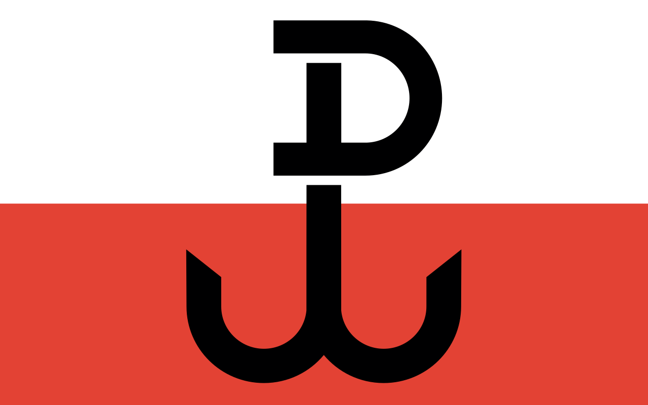 flaga biało czerwona a na niej litera P zakończona kotwicą