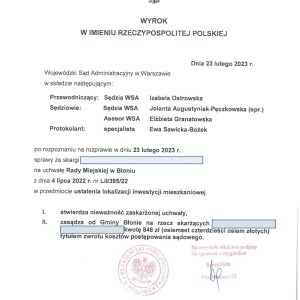 Sąd Administracyjny UNIEWAŻNIŁ uchwałę Rady Miejskiej w Błoniu w sprawie ustalenia lokalizacji inwestycji mieszkaniowej przy ul. Modlińskiej.