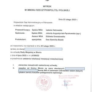 Sąd Administracyjny UNIEWAŻNIŁ uchwałę Rady Miejskiej w Błoniu w sprawie ustalenia lokalizacji inwestycji mieszkaniowej przy ul. Modlińskiej.